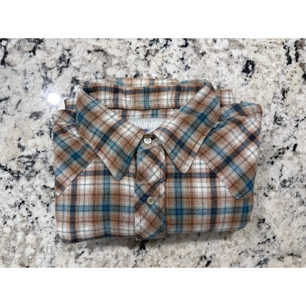 NWOT Wrangler Western Pearl Snap Flannel‎ Shirt Men's XL Brown Blue Plaid - Picture 11 of 11